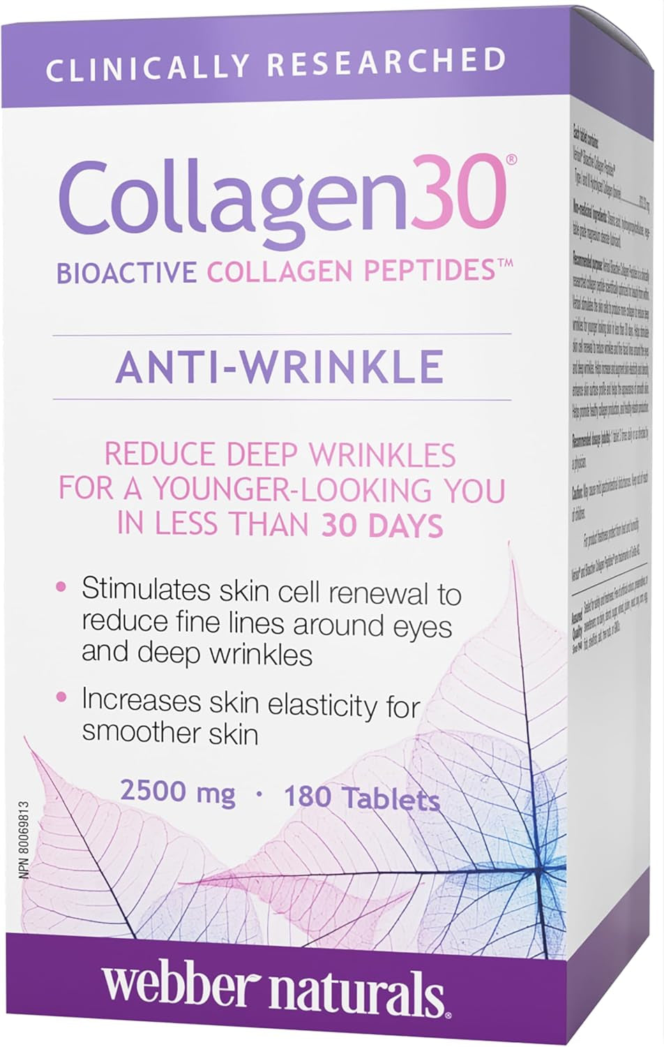 Collagen30 Anti-Wrinkle, 2,500Mg of Bioactive Collagen Peptides per Serving, 180 Tablets, Helps Reduce Deep Wrinkles, Fine Lines & Stimulates Skin Cells