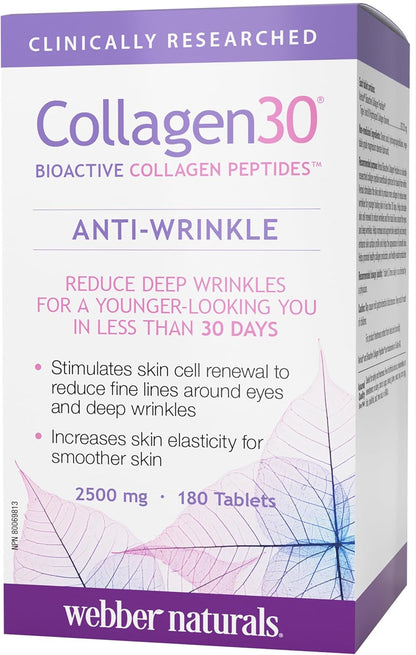 Collagen30 Anti-Wrinkle, 2,500Mg of Bioactive Collagen Peptides per Serving, 180 Tablets, Helps Reduce Deep Wrinkles, Fine Lines & Stimulates Skin Cells