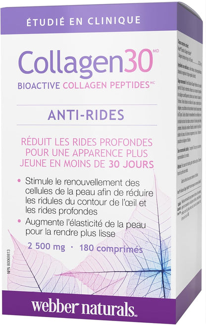 Collagen30 Anti-Wrinkle, 2,500Mg of Bioactive Collagen Peptides per Serving, 180 Tablets, Helps Reduce Deep Wrinkles, Fine Lines & Stimulates Skin Cells