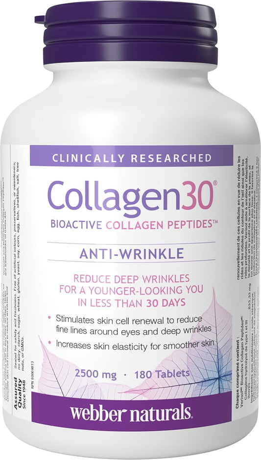 Collagen30 Anti-Wrinkle, 2,500Mg of Bioactive Collagen Peptides per Serving, 180 Tablets, Helps Reduce Deep Wrinkles, Fine Lines & Stimulates Skin Cells