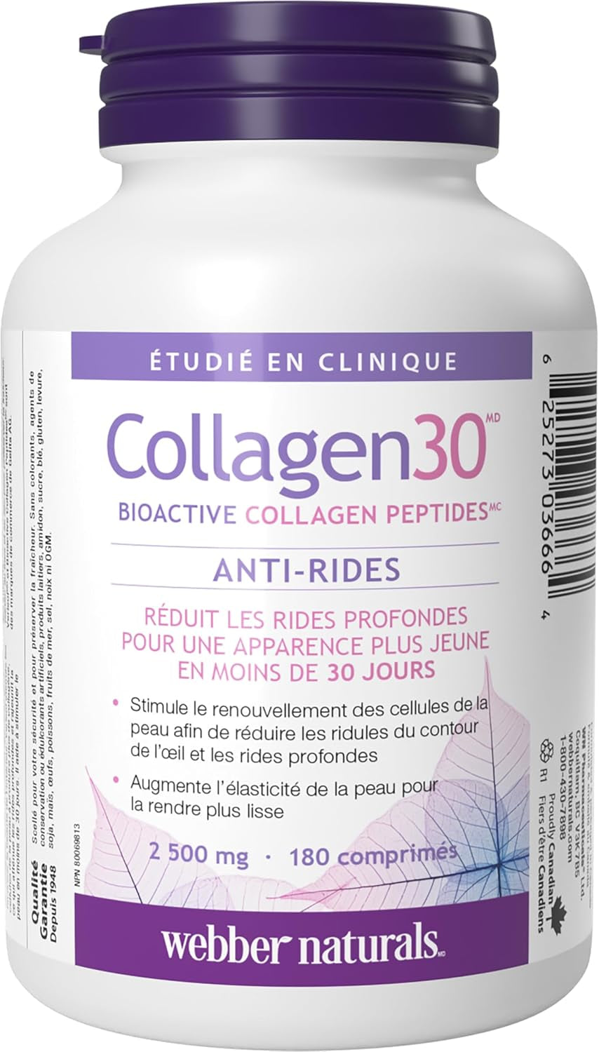 Collagen30 Anti-Wrinkle, 2,500Mg of Bioactive Collagen Peptides per Serving, 180 Tablets, Helps Reduce Deep Wrinkles, Fine Lines & Stimulates Skin Cells