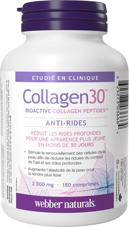 Collagen30 Anti-Wrinkle, 2,500Mg of Bioactive Collagen Peptides per Serving, 180 Tablets, Helps Reduce Deep Wrinkles, Fine Lines & Stimulates Skin Cells
